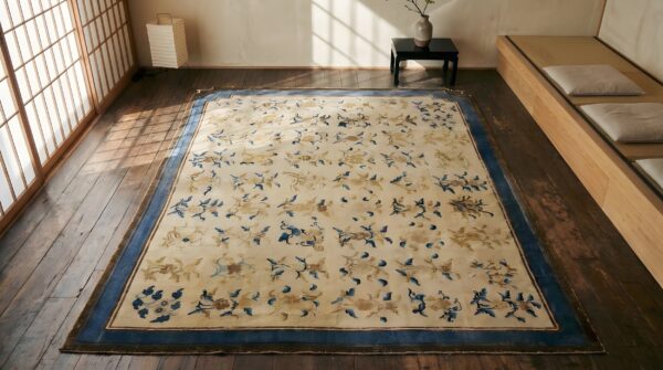 Antique allover floral wool hand knotted pile ivory beige cream white 1750s rug 2 Antique allover floral wool hand knotted pile ivory beige cream white 1750s rug (sku 22965) - styled overhead view