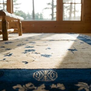 Antique Allover Floral Wool Hand Knotted Pile Ivory Beige Cream White 1900s Rug (SKU 23467) - in-room detail