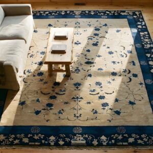 Antique Allover Floral Wool Hand Knotted Pile Ivory Beige Cream White 1900s Rug (SKU 23467) - styled overhead view