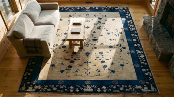 Antique allover floral wool hand knotted pile ivory beige cream white 1900s rug 2 Antique allover floral wool hand knotted pile ivory beige cream white 1900s rug (sku 23467) - styled overhead view