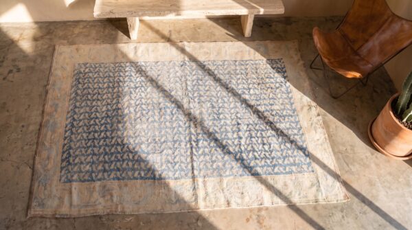 Allover floral ivory beige cream white hand knotted pile antique 1920s cotton rectangle rug 2 Allover floral ivory beige cream white hand knotted pile antique 1920s cotton rectangle rug (sku 21153) - styled overhead view