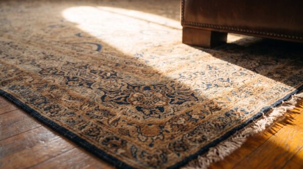 Antique allover floral pattern wool hand knotted pile persian kerman rug 8 Antique allover floral pattern wool hand knotted pile persian kerman rug (sku 20832) - in-room detail