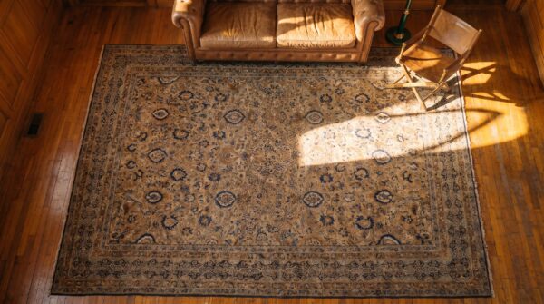 Antique allover floral pattern wool hand knotted pile persian kerman rug 2 Antique allover floral pattern wool hand knotted pile persian kerman rug (sku 20832) - styled overhead view