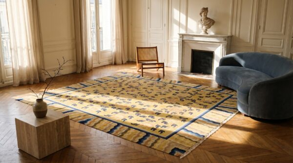 Antique allover floral hand knotted square yellow rug 12 Antique allover floral hand knotted square yellow rug (sku 18399) - room view