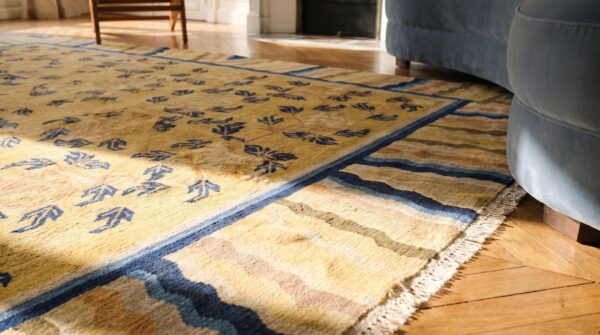 Antique allover floral hand knotted square yellow rug 13 Antique allover floral hand knotted square yellow rug (sku 18399) - in-room detail