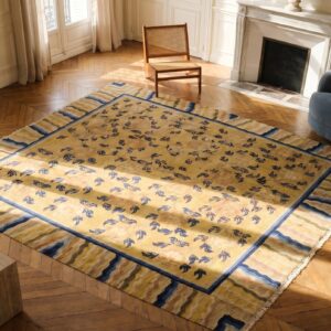 Antique Allover Floral Hand Knotted Square Yellow Rug (SKU 18399) - styled overhead view