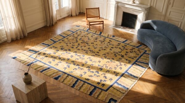 Antique allover floral hand knotted square yellow rug 2 Antique allover floral hand knotted square yellow rug (sku 18399) - styled overhead view