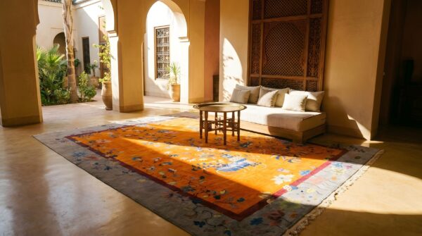 Antique allover floral wool hand knotted pile yellow 1920s rug (sku 25848) - room view