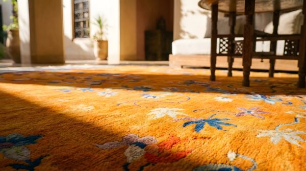 Antique allover floral wool hand knotted pile yellow 1920s rug (sku 25848) - in-room detail