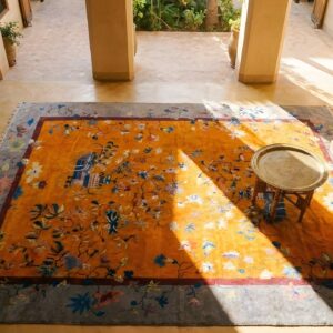 Antique Allover Floral Wool Hand Knotted Pile Yellow 1920s Rug (SKU 25848) - styled overhead view