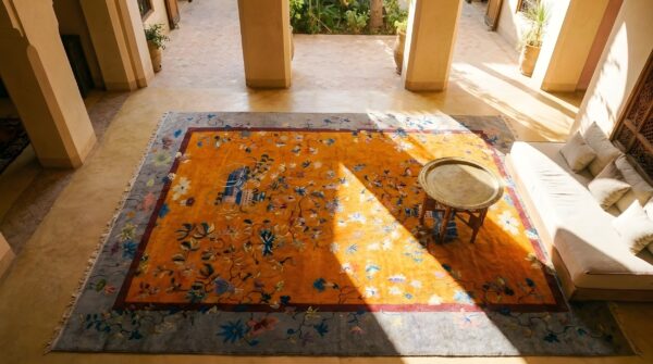 Antique allover floral wool hand knotted pile yellow 1920s rug (sku 25848) - styled overhead view