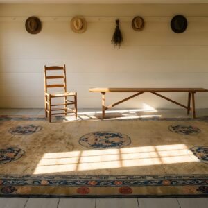 Allover Geometric Wool Antique 1920s Ivory Beige Cream White Rectangle Hand Knotted Pile Large Rug (SKU 25750) - room view