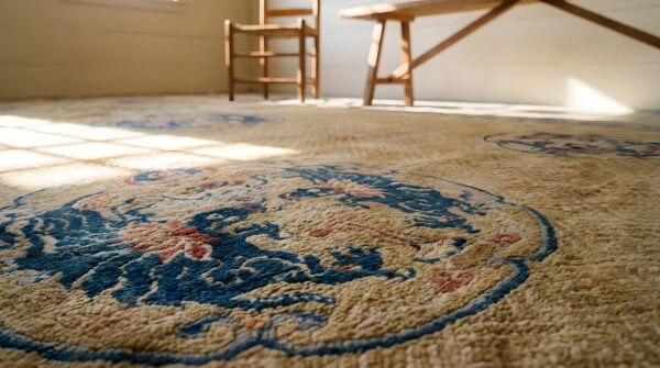 Allover geometric wool antique 1920s ivory beige cream white rectangle hand knotted pile large rug (sku 25750) - in-room detail