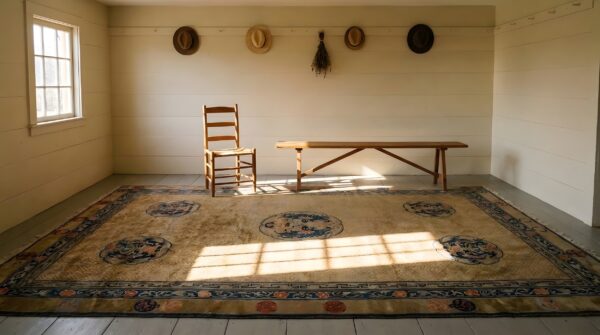 Allover geometric wool antique 1920s ivory beige cream white rectangle hand knotted pile large rug (sku 25750) - styled overhead view