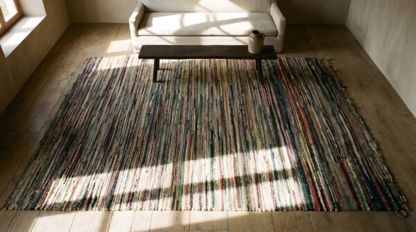 Allover geometric 1930s antique hand knotted pile multicolor jewel tones wool american usa hallway runner rug 2 Allover geometric 1930s antique hand knotted pile multicolor jewel tones wool american usa hallway runner rug (sku 25684) - styled overhead view