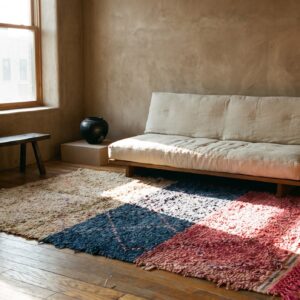 Allover Geometric Hand Knotted Pile Wool 1940s Multicolor Jewel Tones Boucherouitte Antique Rug (SKU 22447) - room view