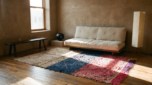 Allover geometric hand knotted pile wool 1940s multicolor jewel tones boucherouitte antique rug (sku 22447) - room view