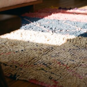 Allover Geometric Hand Knotted Pile Wool 1940s Multicolor Jewel Tones Boucherouitte Antique Rug (SKU 22447) - in-room detail