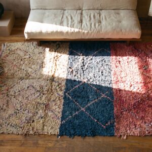 Allover Geometric Hand Knotted Pile Wool 1940s Multicolor Jewel Tones Boucherouitte Antique Rug (SKU 22447) - styled overhead view