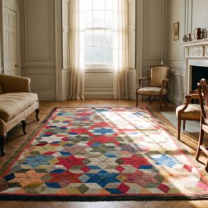 Antique Allover Geometric Wool & Cotton Hooked - Loop Pile Multicolor Jewel Tones 1900s Rug (SKU 21972) - room view