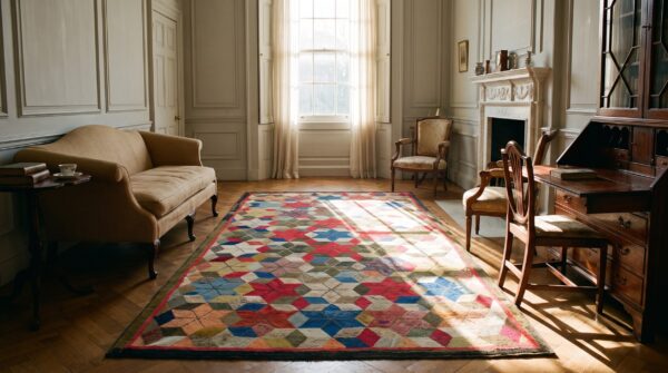 Antique allover geometric wool & cotton hooked - loop pile multicolor jewel tones 1900s rug 6 Antique allover geometric wool & cotton hooked - loop pile multicolor jewel tones 1900s rug (sku 21972) - room view