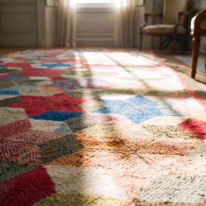 Antique Allover Geometric Wool & Cotton Hooked - Loop Pile Multicolor Jewel Tones 1900s Rug (SKU 21972) - in-room detail