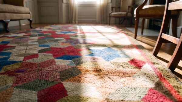 Antique allover geometric wool & cotton hooked - loop pile multicolor jewel tones 1900s rug 7 Antique allover geometric wool & cotton hooked - loop pile multicolor jewel tones 1900s rug (sku 21972) - in-room detail