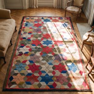 Antique Allover Geometric Wool & Cotton Hooked - Loop Pile Multicolor Jewel Tones 1900s Rug (SKU 21972) - styled overhead view