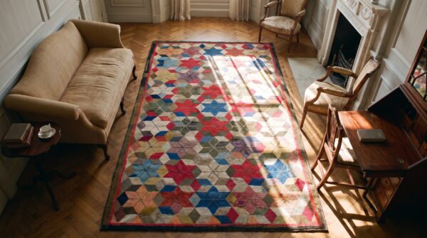 Antique allover geometric wool & cotton hooked - loop pile multicolor jewel tones 1900s rug 2 Antique allover geometric wool & cotton hooked - loop pile multicolor jewel tones 1900s rug (sku 21972) - styled overhead view