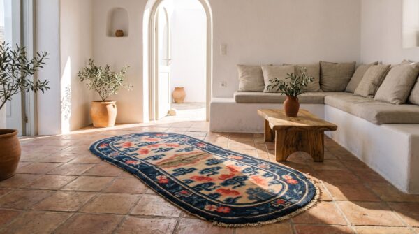 Allover geometric chinese ivory beige cream white hand knotted pile wool antique 1900s rug 7 Allover geometric chinese ivory beige cream white hand knotted pile wool antique 1900s rug (sku 22007) - room view