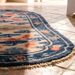 Allover Geometric Chinese Ivory Beige Cream White Hand Knotted Pile Wool Antique 1900s Rug (SKU 22007) - in-room detail