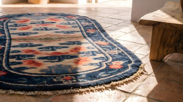 Allover geometric chinese ivory beige cream white hand knotted pile wool antique 1900s rug 8 Allover geometric chinese ivory beige cream white hand knotted pile wool antique 1900s rug (sku 22007) - in-room detail