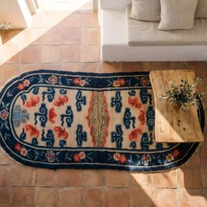 Allover Geometric Chinese Ivory Beige Cream White Hand Knotted Pile Wool Antique 1900s Rug (SKU 22007) - styled overhead view