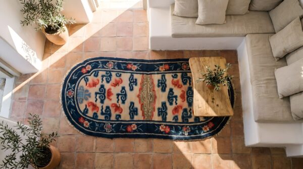 Allover geometric chinese ivory beige cream white hand knotted pile wool antique 1900s rug 2 Allover geometric chinese ivory beige cream white hand knotted pile wool antique 1900s rug (sku 22007) - styled overhead view