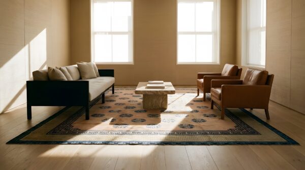 Antique allover geometric wool hand knotted pile coral 1850s rug 7 Antique allover geometric wool hand knotted pile coral 1850s rug (sku 25340) - room view