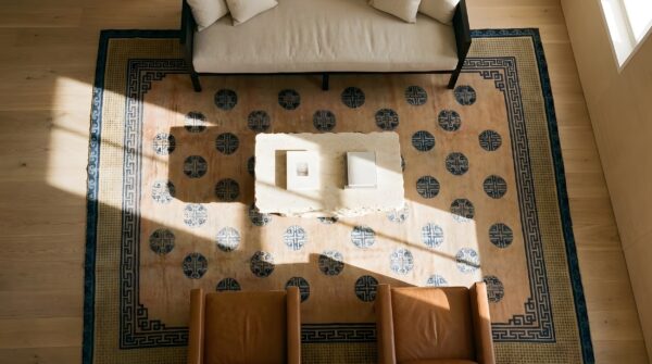 Antique allover geometric wool hand knotted pile coral 1850s rug 2 Antique allover geometric wool hand knotted pile coral 1850s rug (sku 25340) - styled overhead view