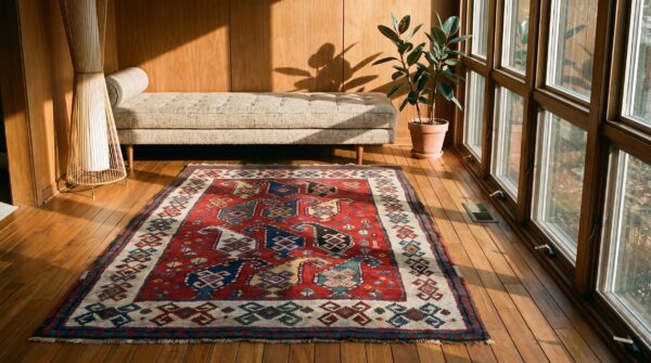 Antique allover geometric wool hand knotted pile coral 1880s rug 6 Antique allover geometric wool hand knotted pile coral 1880s rug (sku 21503) - room view