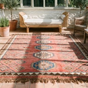Antique Allover Geometric Wool Hand Knotted Pile Coral / Salmon Pink 1860s Rug (SKU 21852) - room view