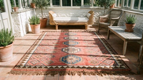 Antique allover geometric wool hand knotted pile coral / salmon pink 1860s rug 10 Antique allover geometric wool hand knotted pile coral / salmon pink 1860s rug (sku 21852) - room view