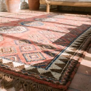 Antique Allover Geometric Wool Hand Knotted Pile Coral / Salmon Pink 1860s Rug (SKU 21852) - in-room detail