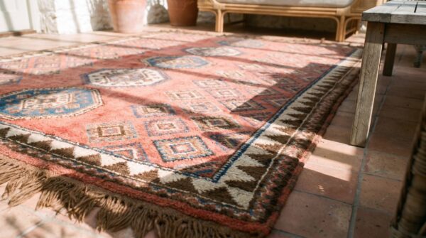 Antique allover geometric wool hand knotted pile coral / salmon pink 1860s rug 11 Antique allover geometric wool hand knotted pile coral / salmon pink 1860s rug (sku 21852) - in-room detail