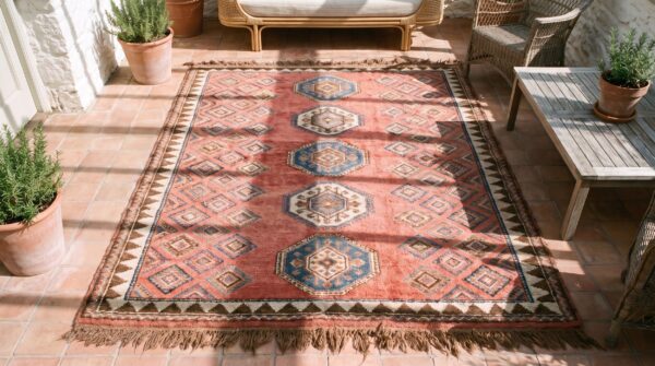 Antique allover geometric wool hand knotted pile coral / salmon pink 1860s rug 2 Antique allover geometric wool hand knotted pile coral / salmon pink 1860s rug (sku 21852) - styled overhead view