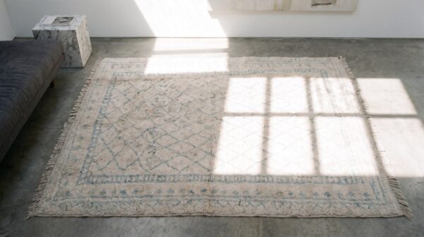 Antique allover geometric cotton hand knotted pile ivory beige cream white 1920s rug 2 Antique allover geometric cotton hand knotted pile ivory beige cream white 1920s rug (sku 20369) - styled overhead view