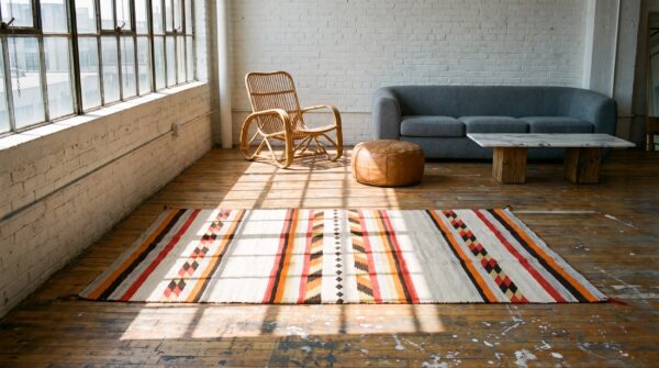 Allover geometric flat weave 1930s wool ivory beige cream white rectangle antique rug 10 Allover geometric flat weave 1930s wool ivory beige cream white rectangle antique rug (sku 21573) - room view