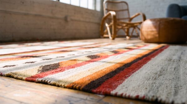 Allover geometric flat weave 1930s wool ivory beige cream white rectangle antique rug 11 Allover geometric flat weave 1930s wool ivory beige cream white rectangle antique rug (sku 21573) - in-room detail
