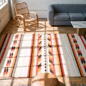 Allover Geometric Flat Weave 1930s Wool Ivory Beige Cream White Rectangle Antique Rug (SKU 21573) - styled overhead view