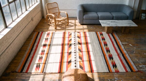 Allover geometric flat weave 1930s wool ivory beige cream white rectangle antique rug 2 Allover geometric flat weave 1930s wool ivory beige cream white rectangle antique rug (sku 21573) - styled overhead view