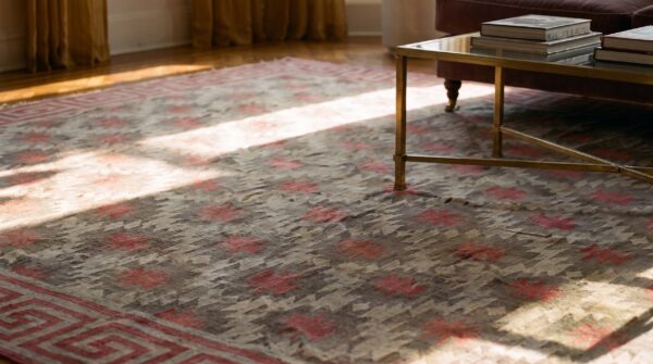 Antique allover geometric flat weave cotton dhurrie indian rug 9 Antique allover geometric flat weave cotton dhurrie indian rug (sku 21758) - in-room detail
