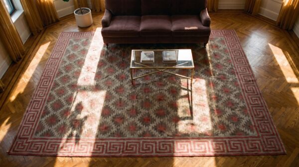 Antique allover geometric flat weave cotton dhurrie indian rug 2 Antique allover geometric flat weave cotton dhurrie indian rug (sku 21758) - styled overhead view