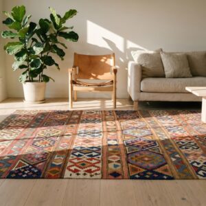 Antique Allover Geometric Wool Flat Weave Multicolor Jewel Tones 1920s Rug (SKU 18689) - room view